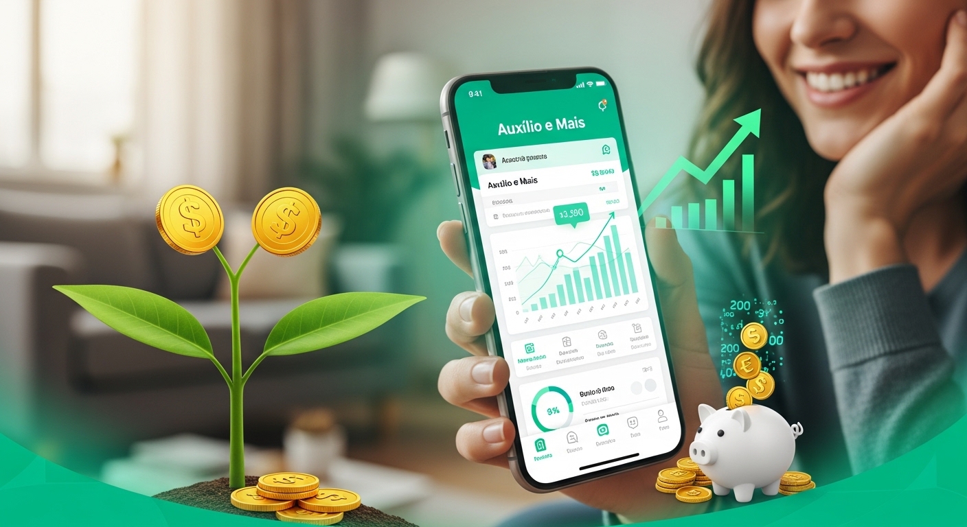 Uma pessoa sorridente segurando um smartphone que exibe o aplicativo 'Auxílio e Mais', com gráficos financeiros. A imagem também mostra uma planta com folhas e moedas douradas, simbolizando crescimento financeiro, além de um cofrinho branco com moedas ao redor.