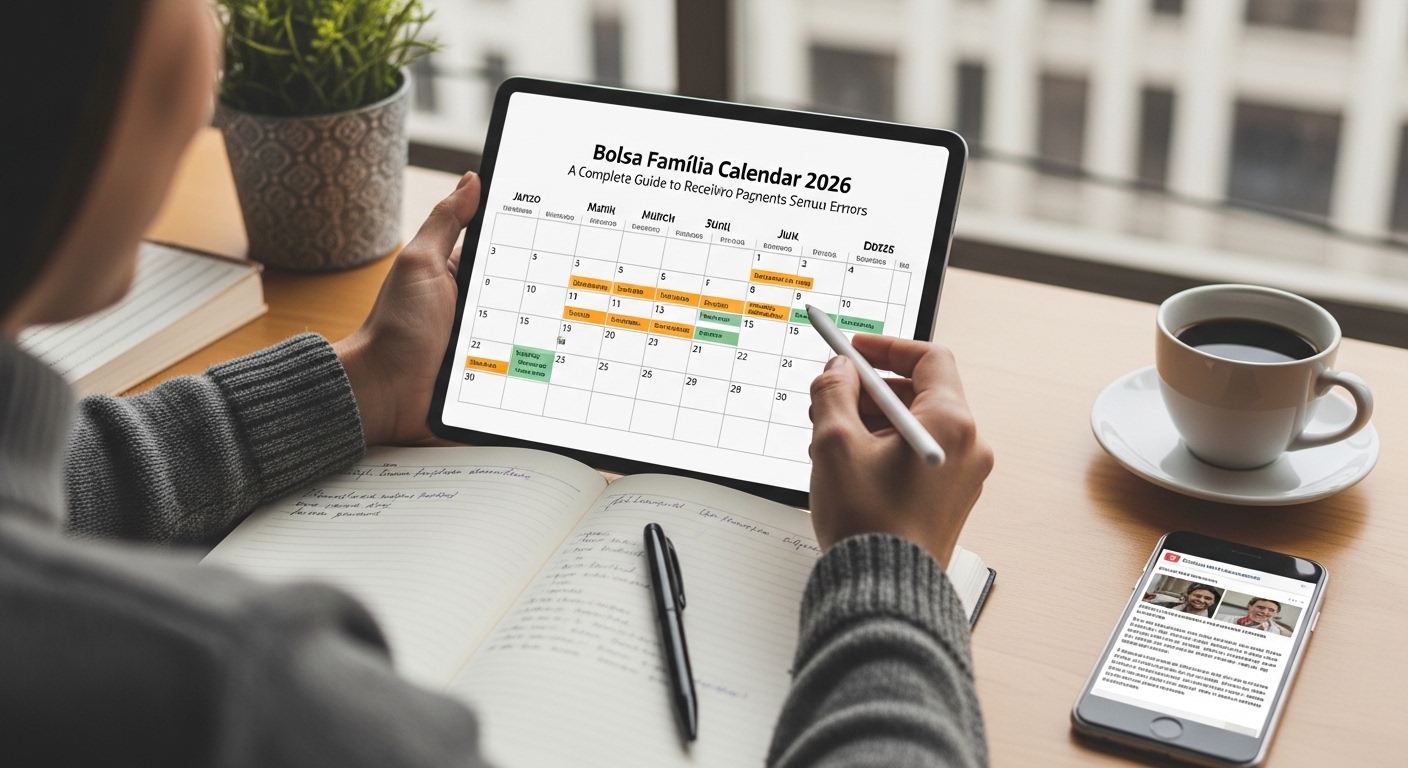 Pessoa utilizando um tablet mostrando o calendário do Bolsa Família de 2026, com datas destacadas, enquanto segura uma caneta e tem um caderno aberto ao lado e um smartphone.