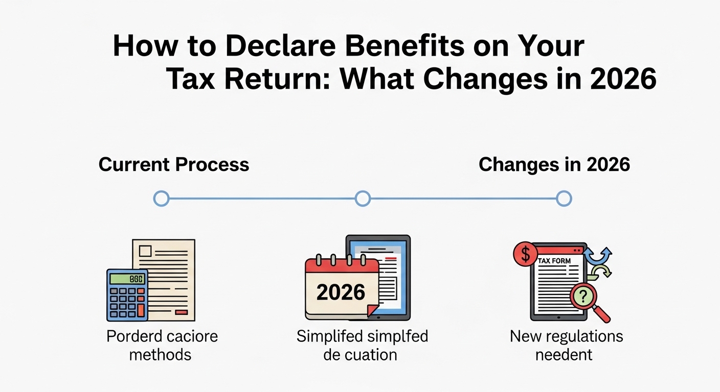 Infográfico sobre como declarar benefícios no imposto de renda, com destaque para o processo atual e mudanças previstas para 2026.