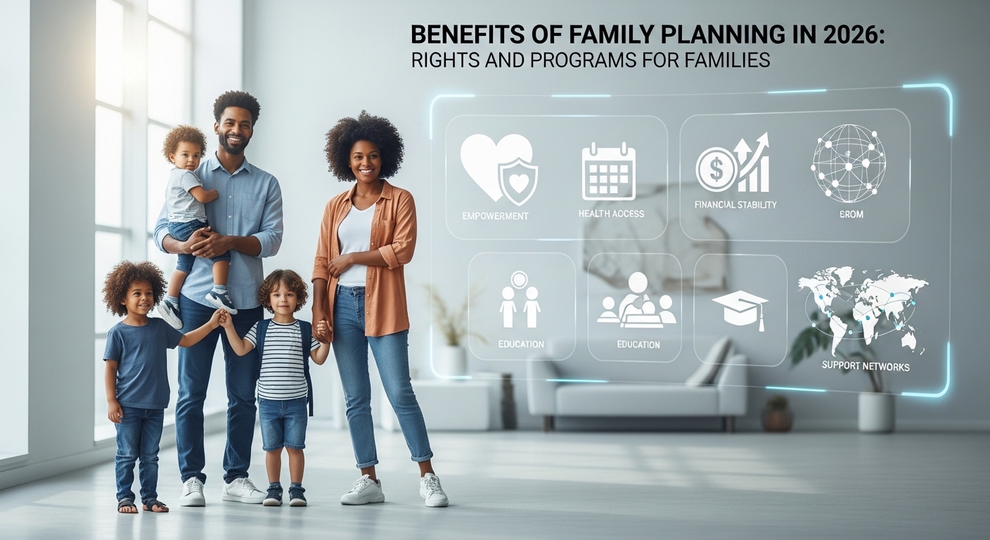 Família de quatro pessoas em um ambiente moderno e bem iluminado, com um pai segurando um bebê, uma mãe ao lado e duas crianças pequenas, enquanto ícones de benefícios de planejamento familiar flutuam ao redor.