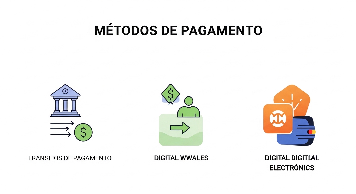 Três ícones representando métodos de pagamento: uma instituição financeira (banco), um usuário recebendo dinheiro e dispositivos eletrônicos para pagamentos digitais.
