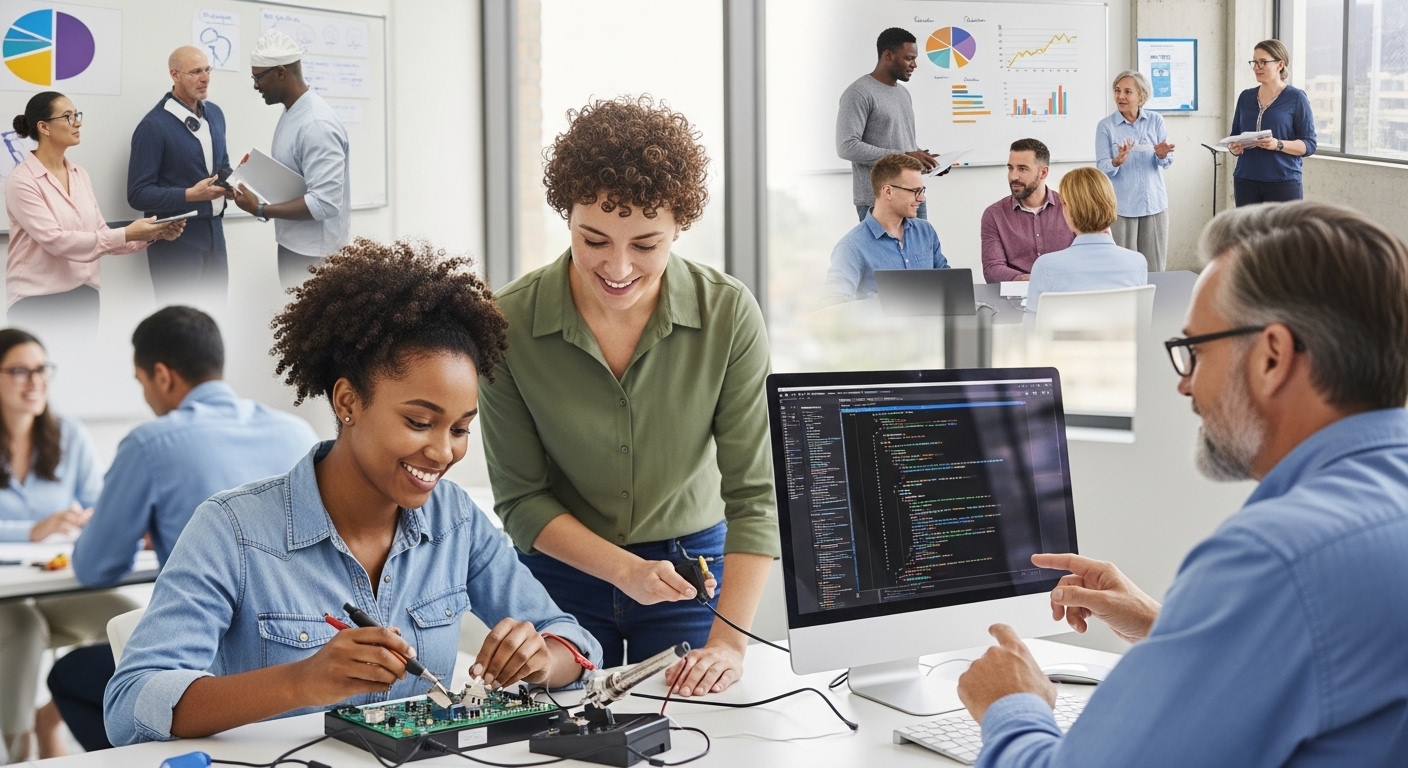 Pessoas em um ambiente de treinamento profissional. Uma mulher negra sorri enquanto trabalha em um circuito eletrônico. Outra mulher, de pele clara e cabelo encaracolado, a ajuda. Ao fundo, diferentes grupos discutem e interagem, com gráficos e telas visíveis.
