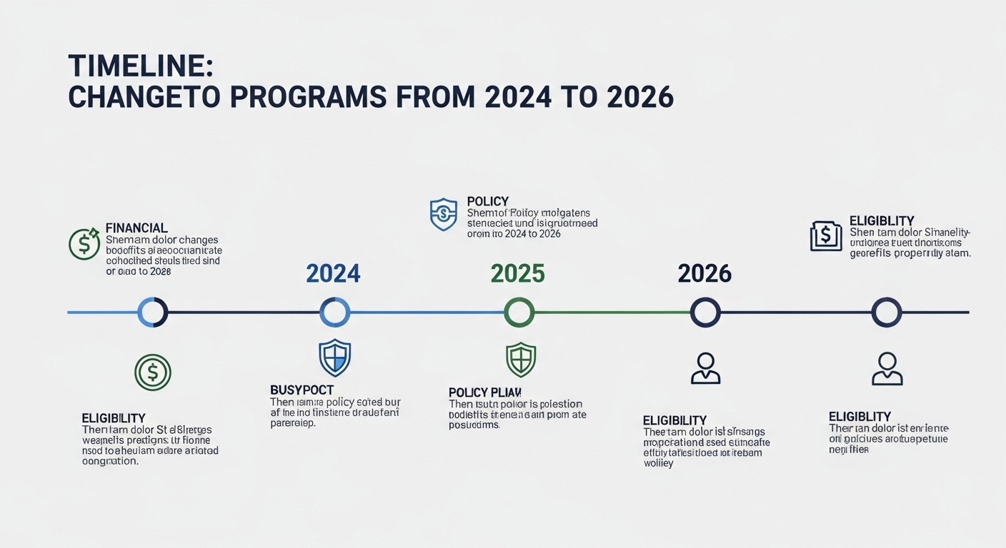 Linha do tempo destacando as mudanças nos programas de benefícios de 2024 a 2026, com ícones representando aspectos financeiros, políticas e elegibilidade para cada ano.