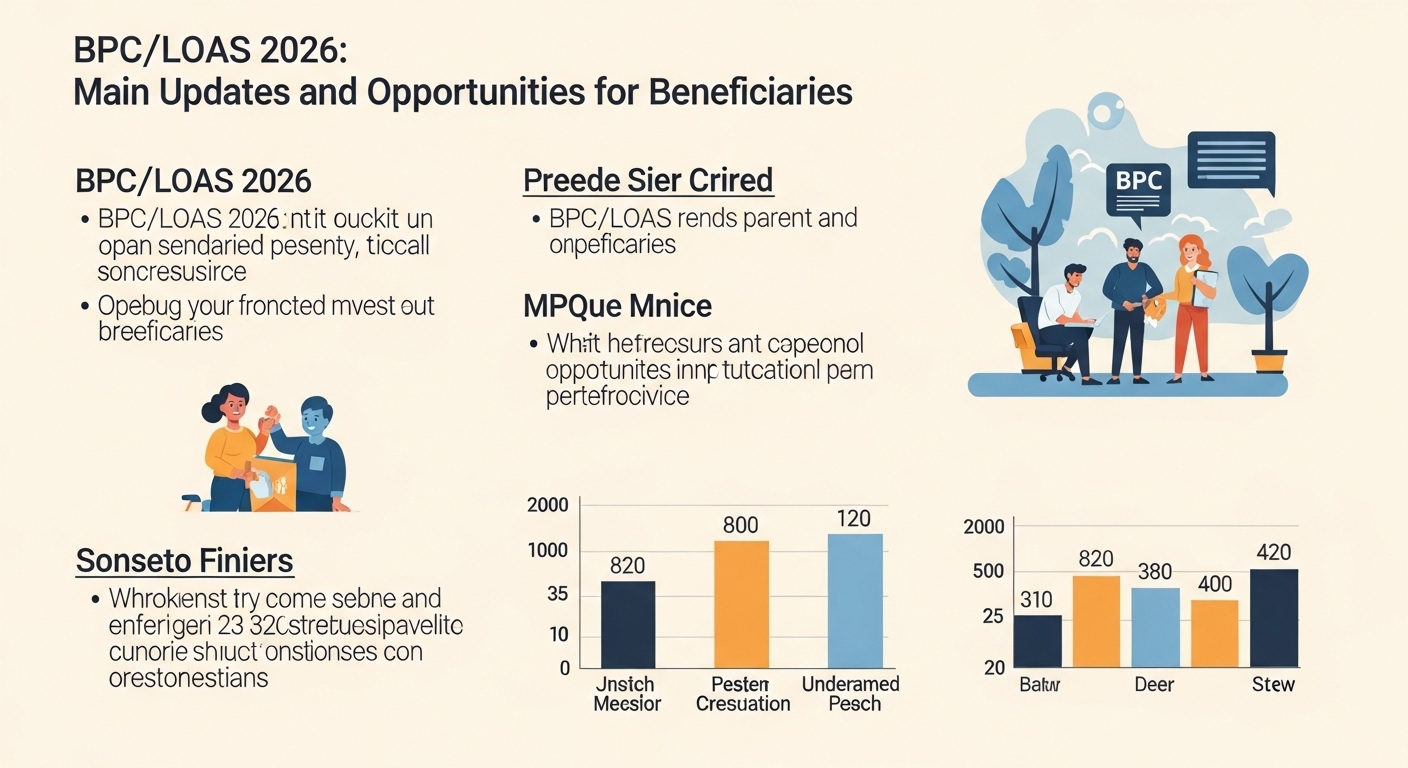 Ilustração de três pessoas discutindo sobre BPC/LOAS, com gráficos de barras representando dados relacionados às oportunidades para beneficiários.