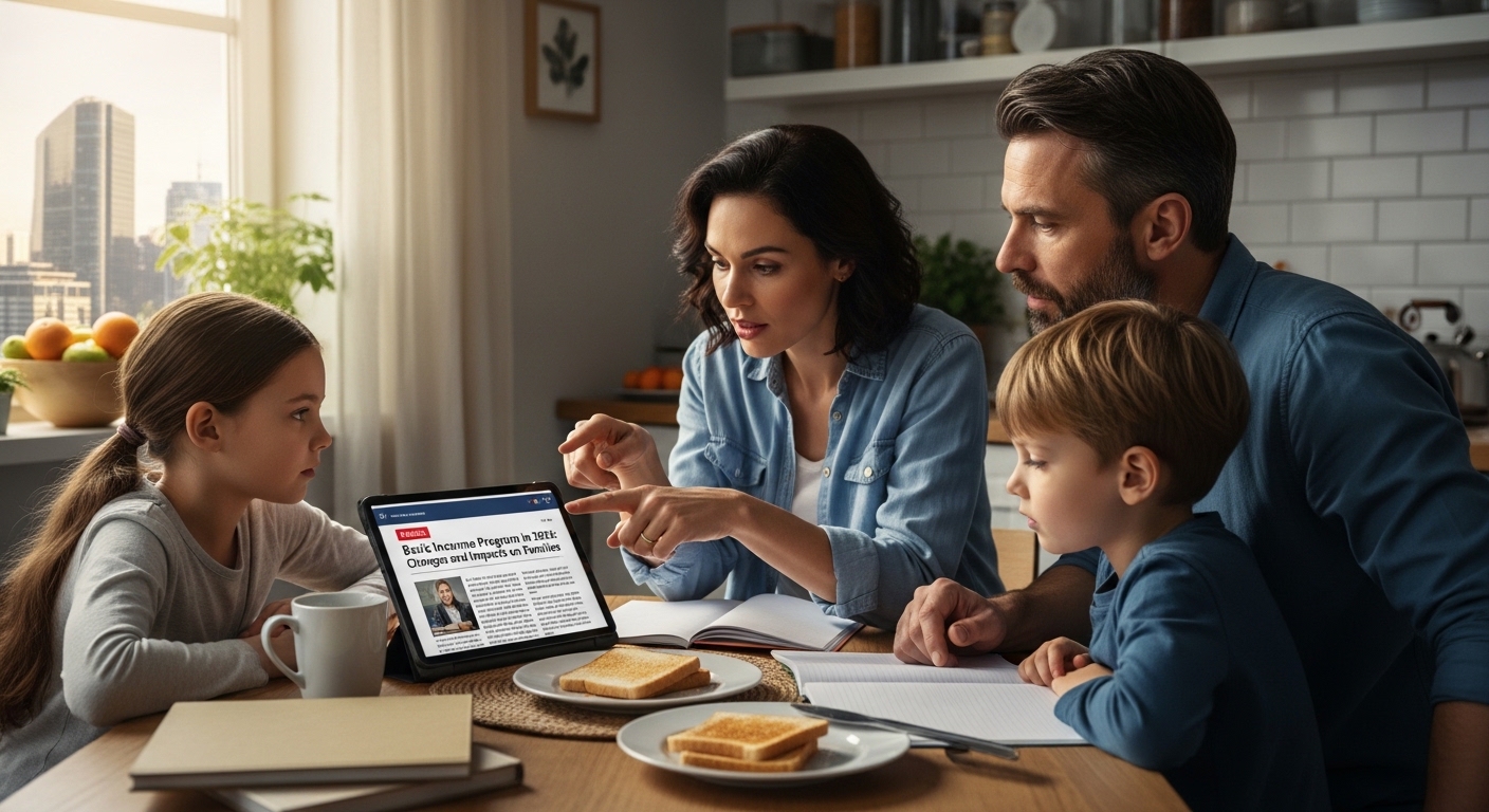 Uma família sentada à mesa, com um tablet exibindo um artigo sobre o Programa de Renda Básica em 2026. A mãe aponta para a tela enquanto a filha observa atentamente. O pai e o filho também estão prestando atenção ao que está sendo discutido. Na mesa, há pães e canecas.
