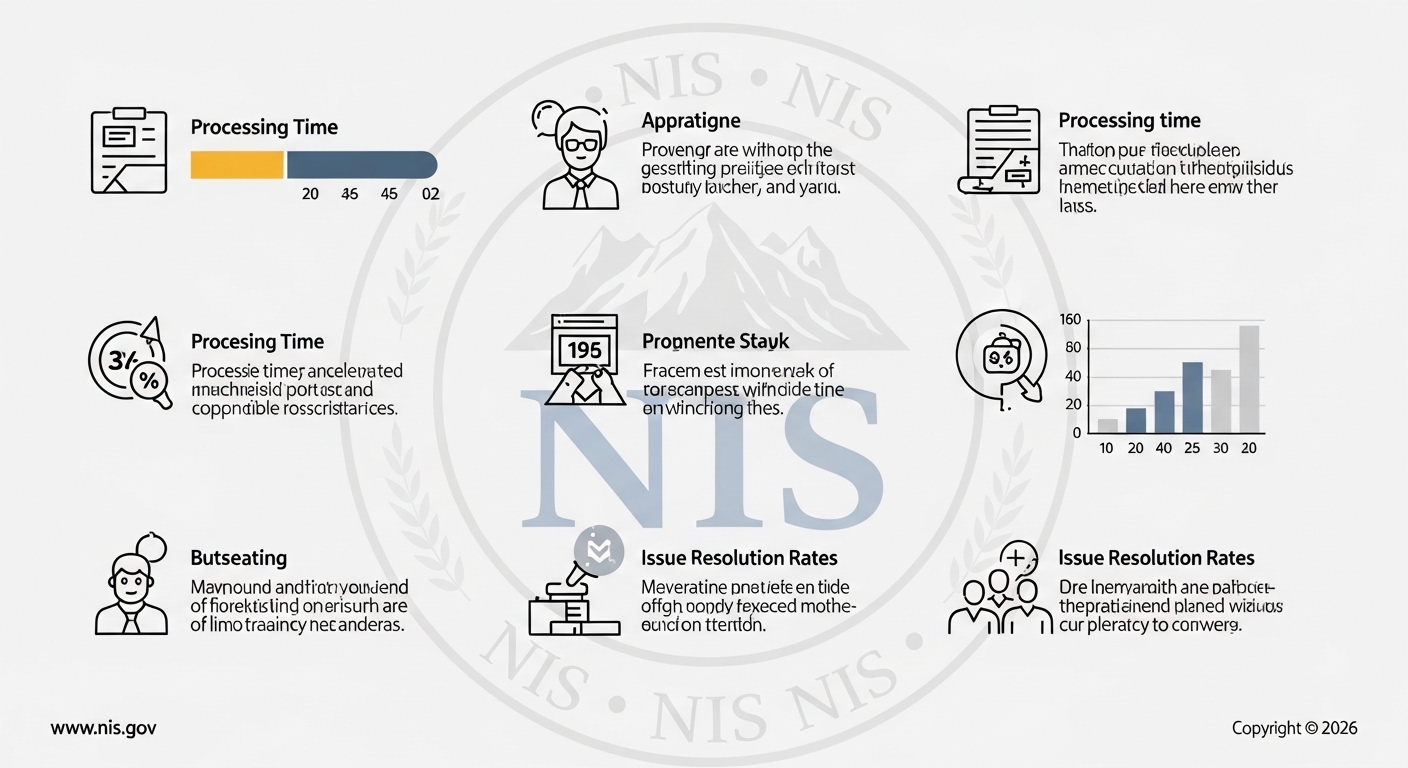 Infográfico sobre o tempo de processamento, taxas de prosseguimento e resolução de questões relacionadas ao NIS, apresentado de forma ilustrativa com ícones e gráficos.
