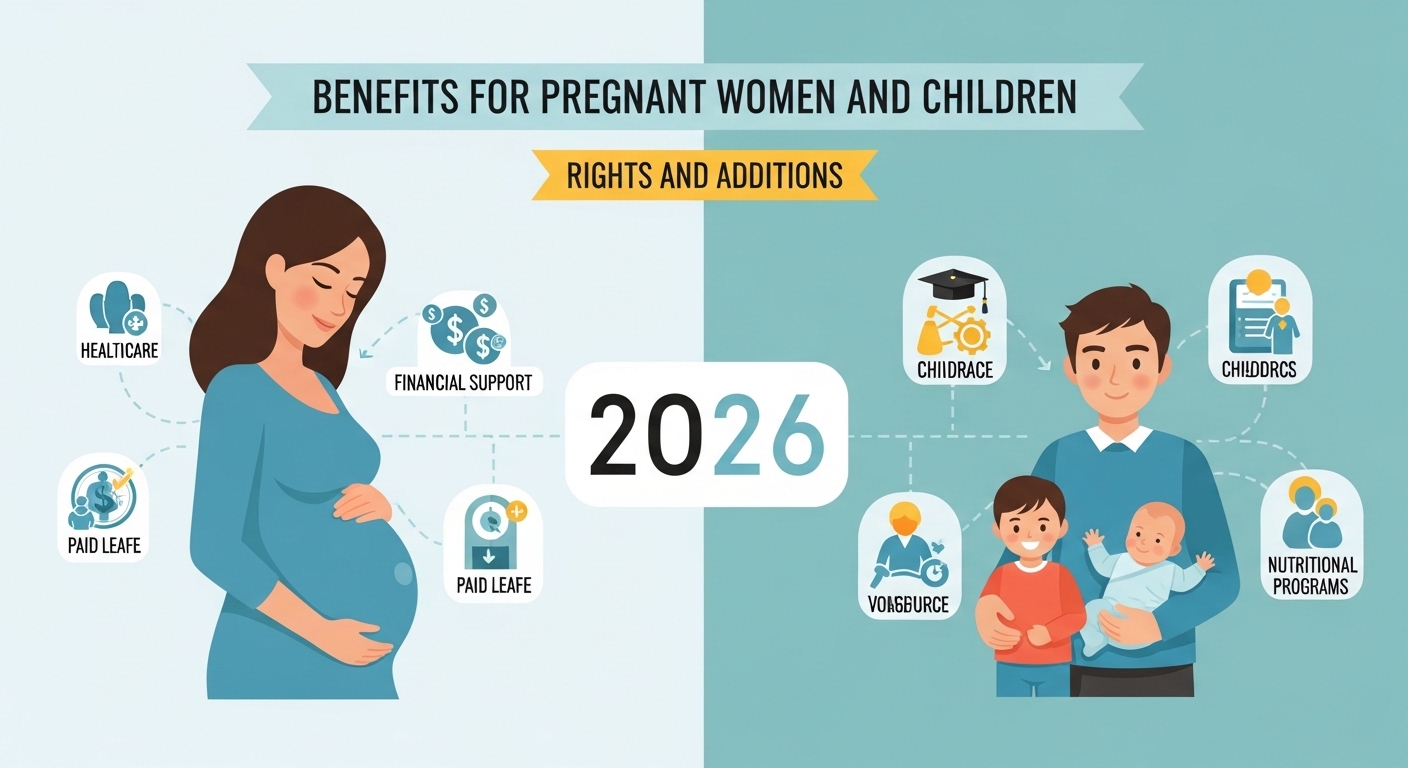 Ilustração mostrando os benefícios para gestantes e crianças em 2026, incluindo healthcare, suporte financeiro, licença paga, cuidados infantis, programas nutricionais e informações sobre direitos.