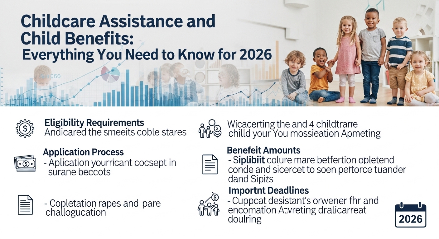 Um grupo de crianças sorridentes, composto por meninos e meninas de diferentes idades, se destaca em um ambiente interno alegre. Eles estão em frente a gráficos e ícones que simbolizam assistência à creche e benefícios infantis, com o texto 'Auxílio Creche e Benefícios Infantis: Tudo que Você Precisa Saber para 2026' no topo da imagem.