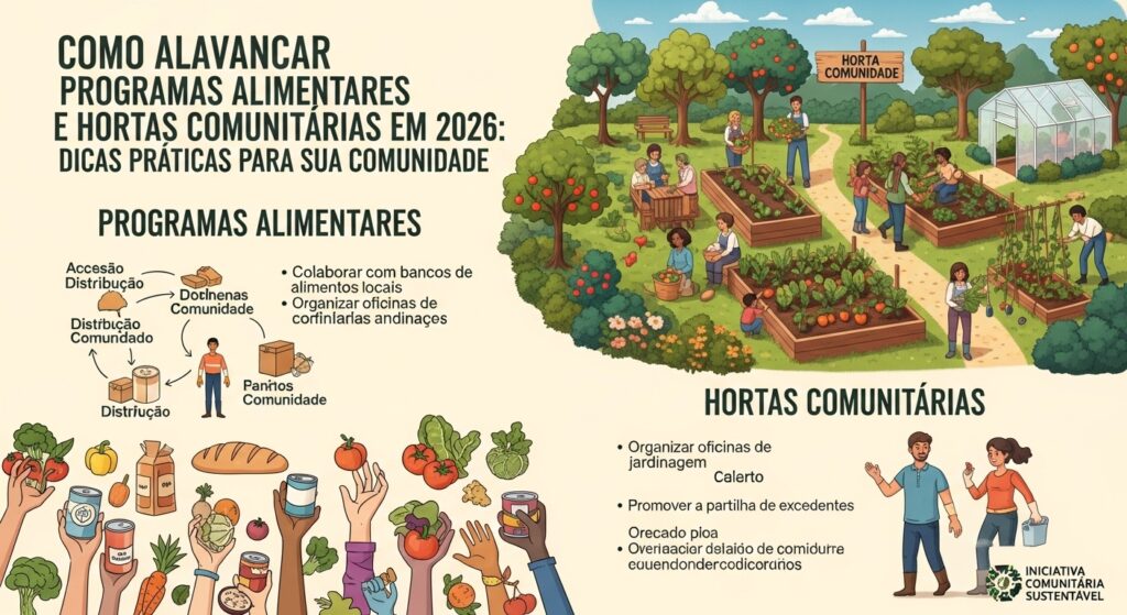 Uma ilustração colorida que mostra um grupo de pessoas envolvidas em atividades de hortas comunitárias, com canteiros de vegetais, árvores frutíferas e uma estufa ao fundo. À esquerda, mãos segurando diferentes tipos de alimentos, como vegetais e latas, representando programas alimentares.