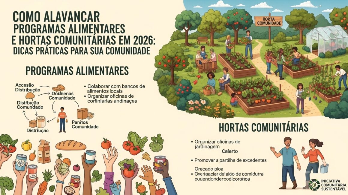 Uma ilustração colorida que mostra um grupo de pessoas envolvidas em atividades de hortas comunitárias, com canteiros de vegetais, árvores frutíferas e uma estufa ao fundo. À esquerda, mãos segurando diferentes tipos de alimentos, como vegetais e latas, representando programas alimentares.
