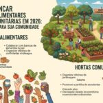 Uma ilustração colorida que mostra um grupo de pessoas envolvidas em atividades de hortas comunitárias, com canteiros de vegetais, árvores frutíferas e uma estufa ao fundo. À esquerda, mãos segurando diferentes tipos de alimentos, como vegetais e latas, representando programas alimentares.
