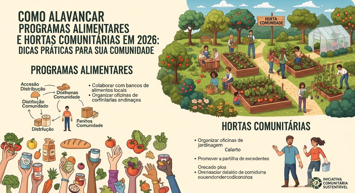 Uma ilustração colorida que mostra um grupo de pessoas envolvidas em atividades de hortas comunitárias, com canteiros de vegetais, árvores frutíferas e uma estufa ao fundo. À esquerda, mãos segurando diferentes tipos de alimentos, como vegetais e latas, representando programas alimentares.