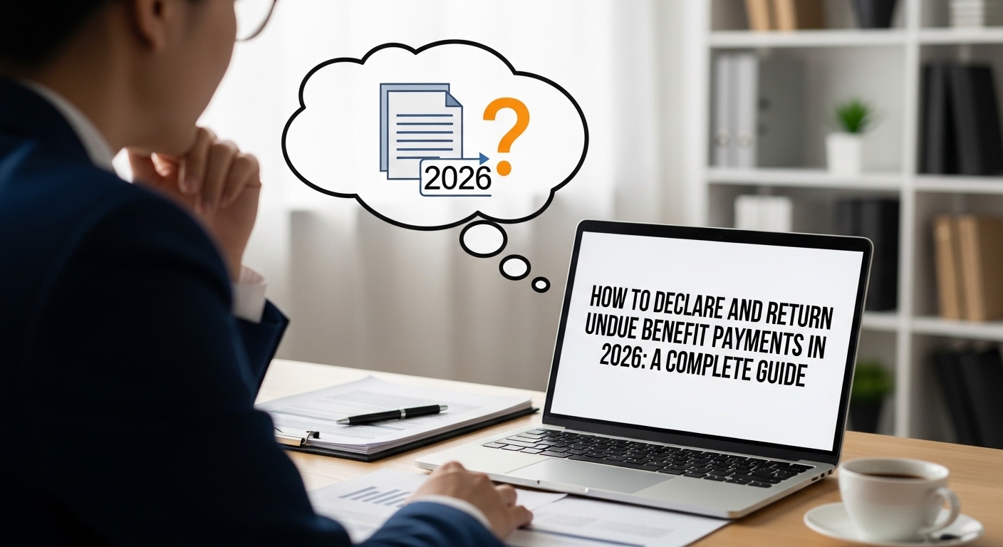 Pessoa pensativa olhando para um laptop com um guia sobre como declarar e devolver valores indevidos de benefícios em 2026.