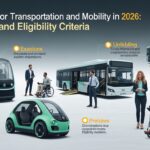 Imagem ilustrativa sobre assistência para transporte e mobilidade em 2026, mostrando diversos meios de transporte e pessoas utilizando-os, incluindo um ônibus acessível, um veículo pequeno e uma pessoa em cadeira de rodas.