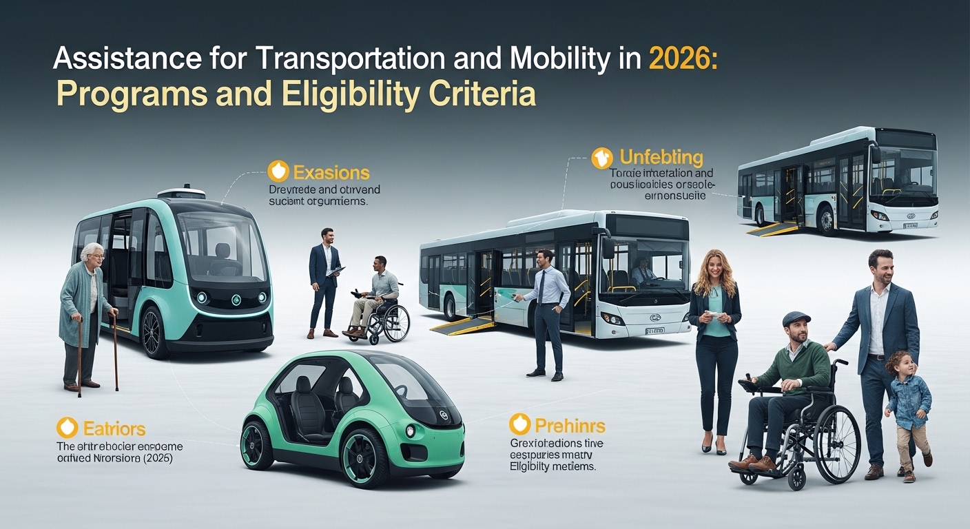 Imagem ilustrativa sobre assistência para transporte e mobilidade em 2026, mostrando diversos meios de transporte e pessoas utilizando-os, incluindo um ônibus acessível, um veículo pequeno e uma pessoa em cadeira de rodas.