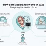 Infográfico mostrando como funciona o auxílio maternidade em 2026, com seções sobre cuidados pré-natais, entrega e suporte, e cuidados pós-natais, destacando tecnologias como triagem genética, monitoramento remoto e suporte de lactação automático.