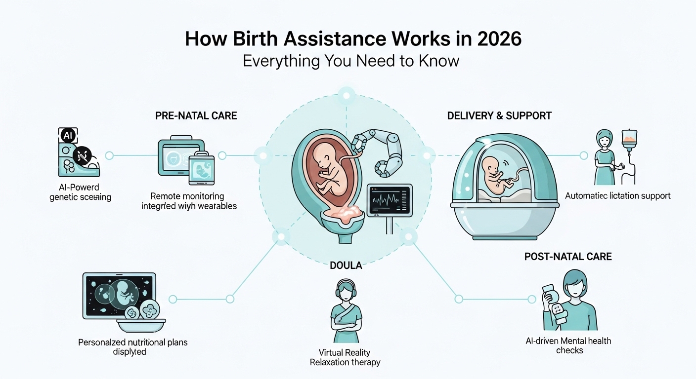Infográfico mostrando como funciona o auxílio maternidade em 2026, com seções sobre cuidados pré-natais, entrega e suporte, e cuidados pós-natais, destacando tecnologias como triagem genética, monitoramento remoto e suporte de lactação automático.