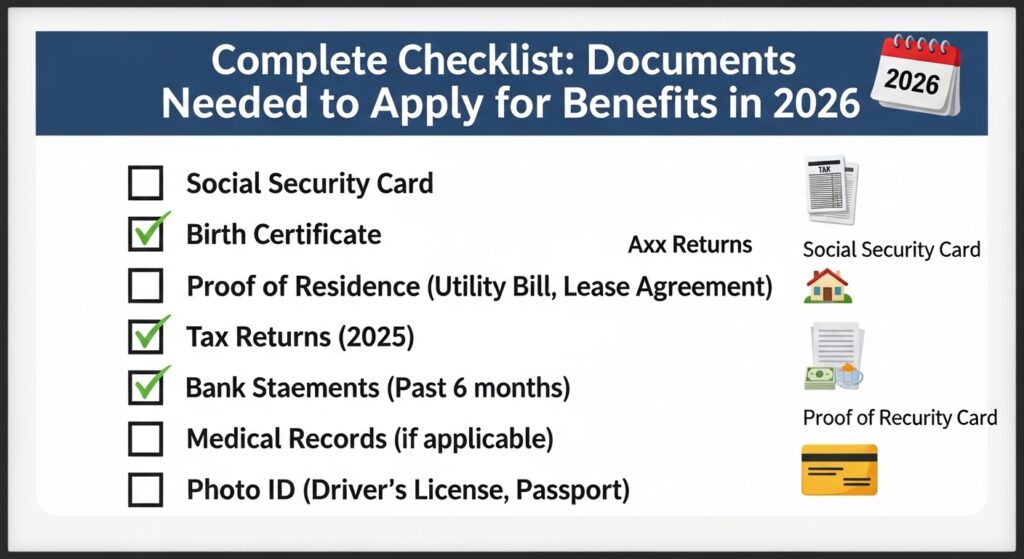 Checklist completo de documentos necessários para solicitar benefícios em 2026, incluindo cartão da seguridade social, certidão de nascimento, comprovante de residência, declaração de impostos, extratos bancários, registros médicos e identidade com foto.