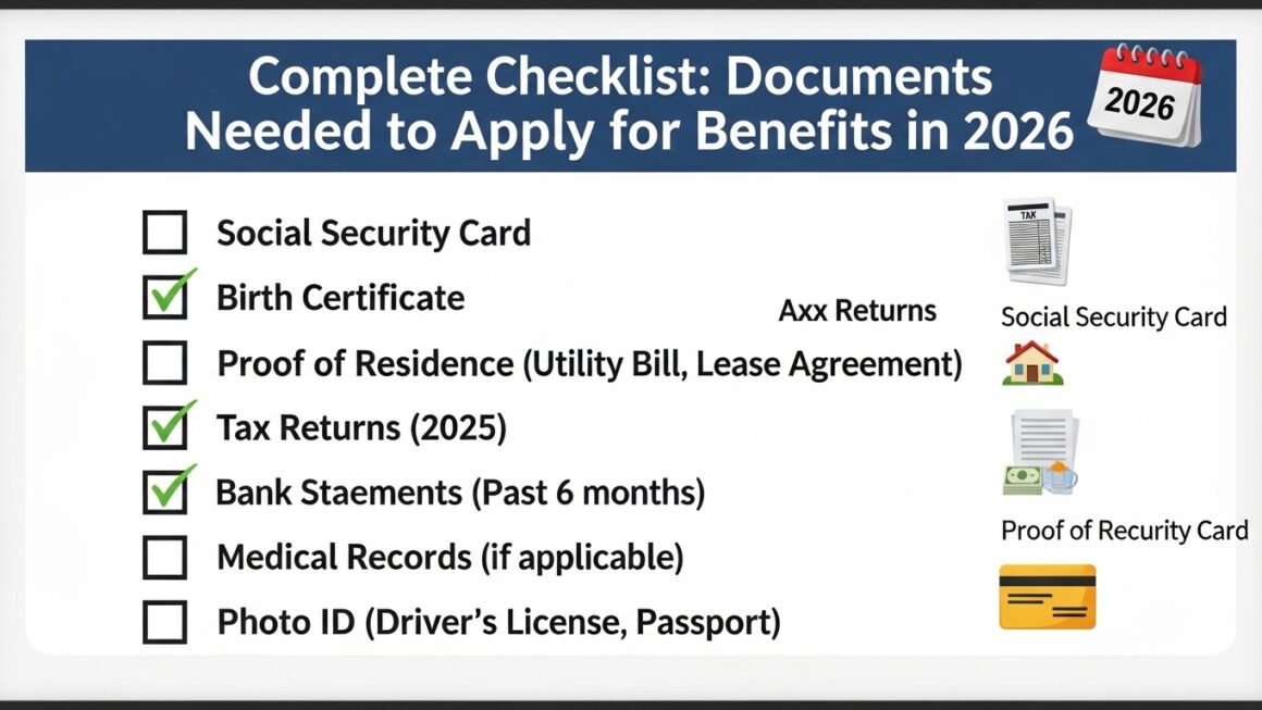 Checklist completo de documentos necessários para solicitar benefícios em 2026, incluindo cartão da seguridade social, certidão de nascimento, comprovante de residência, declaração de impostos, extratos bancários, registros médicos e identidade com foto.