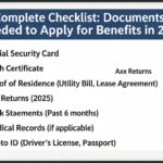 Checklist completo de documentos necessários para solicitar benefícios em 2026, incluindo cartão da seguridade social, certidão de nascimento, comprovante de residência, declaração de impostos, extratos bancários, registros médicos e identidade com foto.