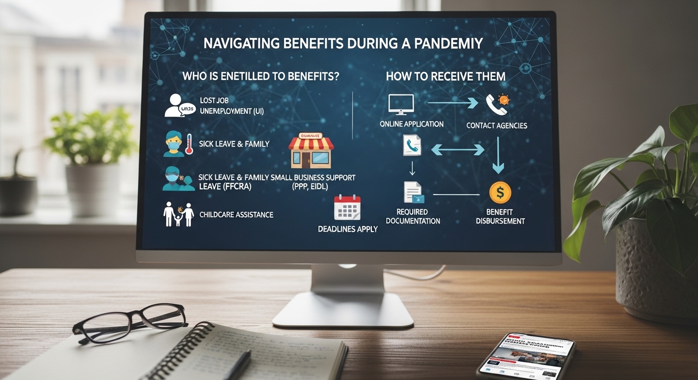 Tela de computador mostrando informações sobre como navegar pelos benefícios durante a pandemia, incluindo quem tem direito e como recebê-los.