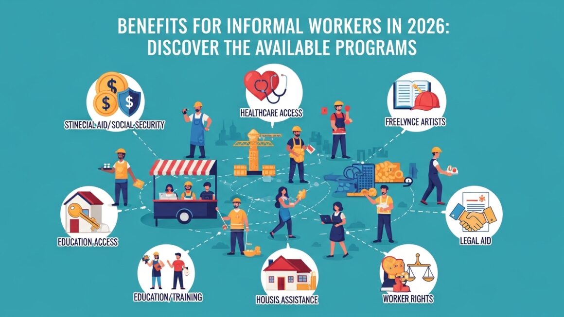 Ilustração colorida mostrando diversos benefícios disponíveis para trabalhadores informais em 2026. Os benefícios incluem assistência financeira, acesso à saúde, educação, apoio jurídico e direitos dos trabalhadores, representados por ícones ao redor de trabalhadores em diferentes contextos.