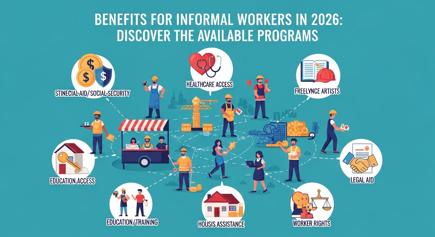 Ilustração colorida mostrando diversos benefícios disponíveis para trabalhadores informais em 2026. Os benefícios incluem assistência financeira, acesso à saúde, educação, apoio jurídico e direitos dos trabalhadores, representados por ícones ao redor de trabalhadores em diferentes contextos.