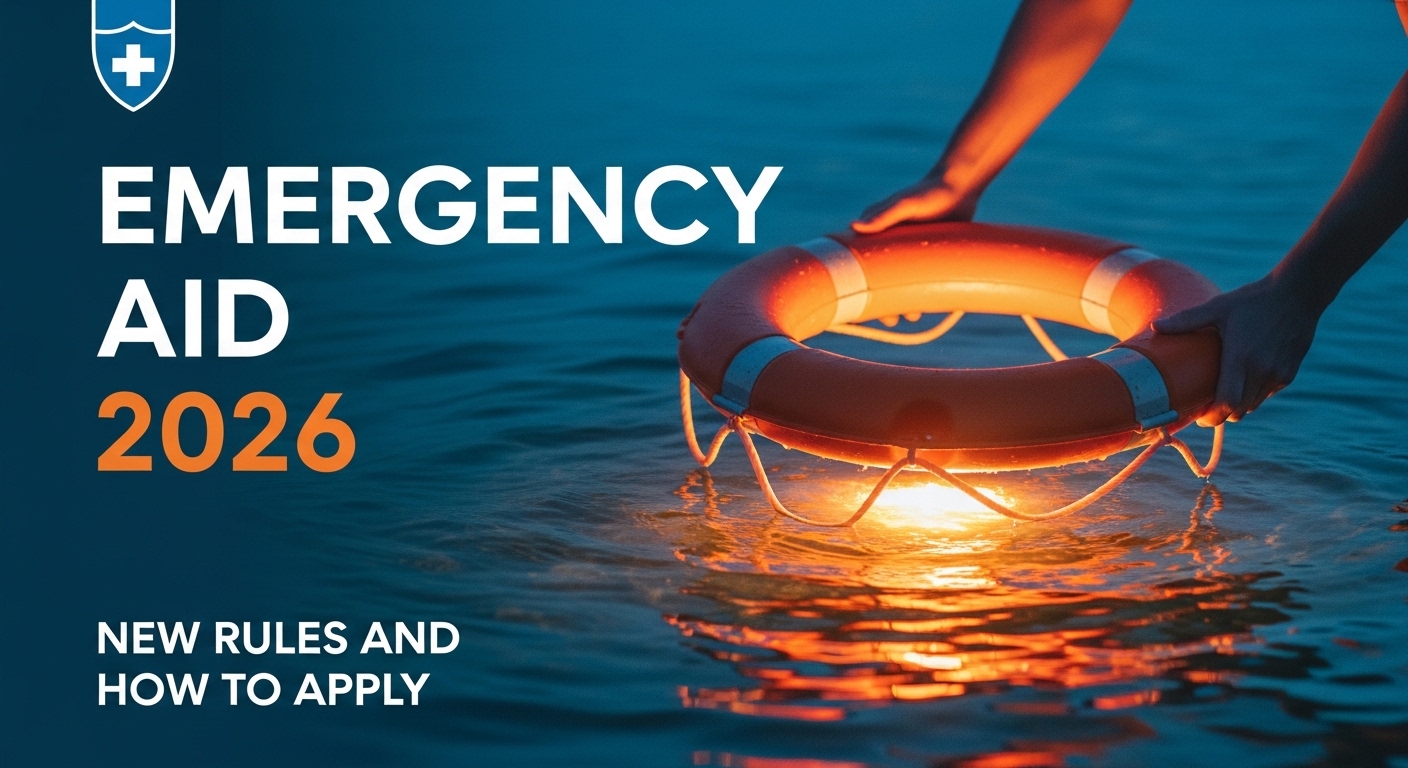 Uma mão segurando um salva-vidas iluminado próximo à água, com a expressão 'Emergency Aid 2026' em destaque.