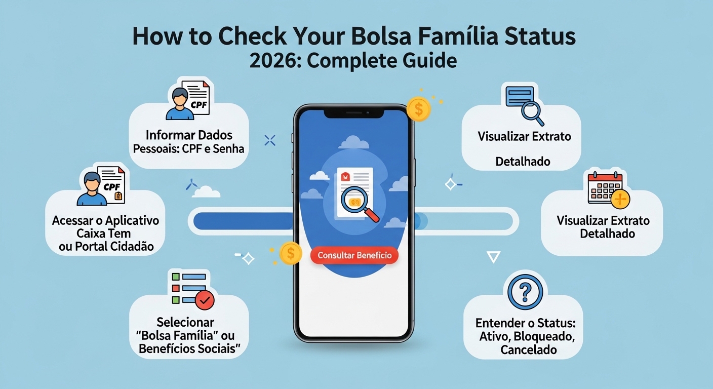 Ilustração mostrando um smartphone com instruções sobre como verificar a situação no Bolsa Família em 2026, incluindo informações sobre CPF e senha, acesso ao aplicativo, visualização de extratos e entendimento do status do benefício.
