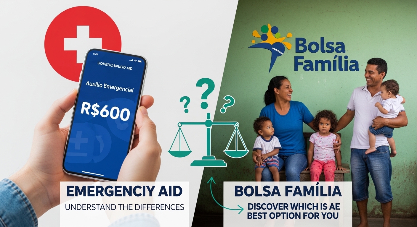 Imagem comparativa entre Auxílio Emergencial e Bolsa Família, destacando informações sobre cada programa.