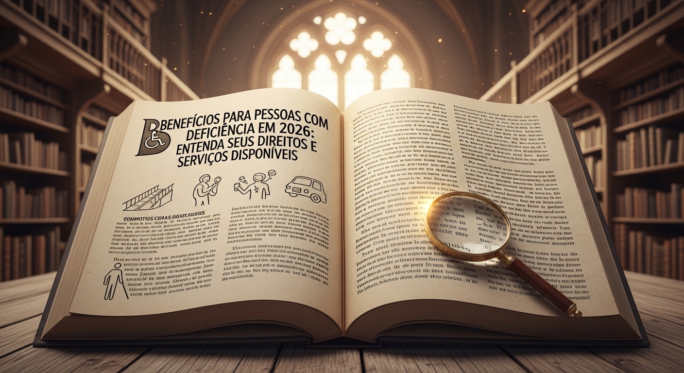 Uma página de livro aberta com o título 'Benefícios para Pessoas com Deficiência em 2026: Entenda Seus Direitos e Serviços Disponíveis', ilustrado com ícones de acessibilidade e serviços.