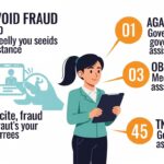 Ilustração mostrando uma mulher segurando um tablet, acompanhada de alertas sobre fraudes relacionadas a auxílio governamental.