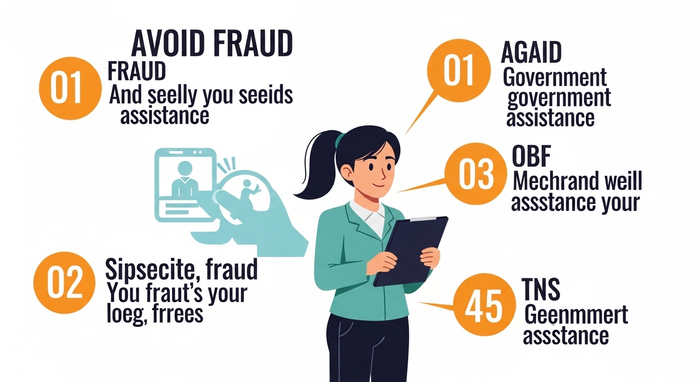 Ilustração mostrando uma mulher segurando um tablet, acompanhada de alertas sobre fraudes relacionadas a auxílio governamental.