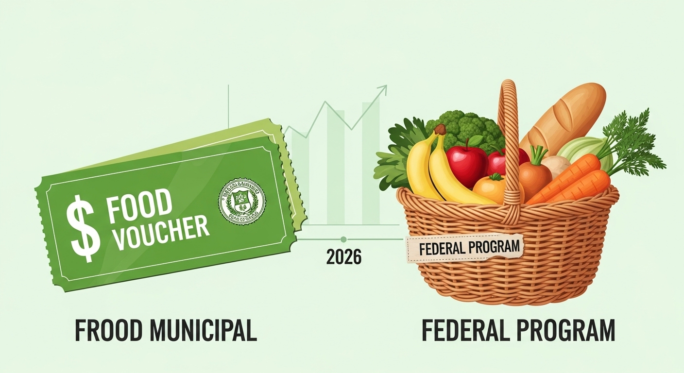 Ilustração de um cartão de vale-alimentação e uma cesta de alimentos. À esquerda, um vale alimentar com o texto 'FOOD VOUCHER' e 'FROOD MUNICIPAL', e à direita, uma cesta cheia de frutas e legumes com o texto 'FEDERAL PROGRAM'.