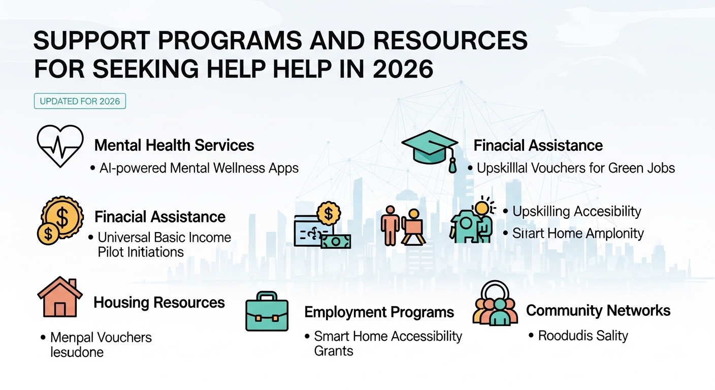 Infográfico sobre programas de apoio e recursos para buscar ajuda em 2026, contendo ícones relacionados a serviços de saúde mental, assistência financeira, recursos habitacionais, programas de emprego e redes comunitárias.