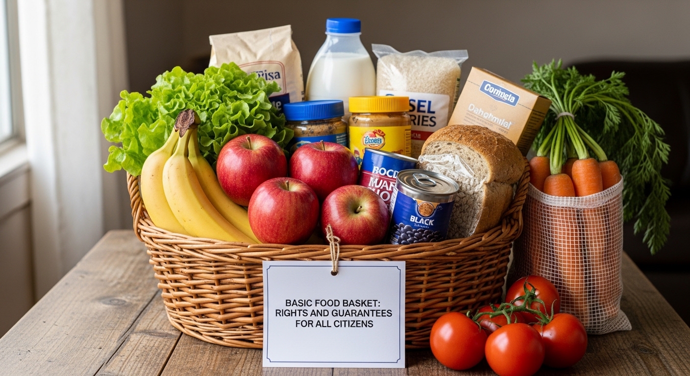 Cesta básica com frutas, legumes e produtos alimentícios em uma mesa de madeira. Inclui bananas, maçãs, alface, cenouras, tomates, pão integral e latas de alimentos. Uma etiqueta visível diz 'Cesta Básica: Direitos e Garantias para Todos os Cidadãos'.