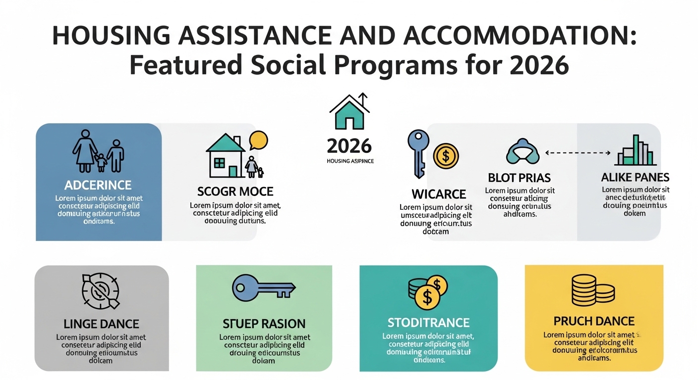 Infográfico sobre Assistência Habitacional e Programas Sociais com destaque para 2026. Contém ícones e textos explicativos sobre diferentes programas.