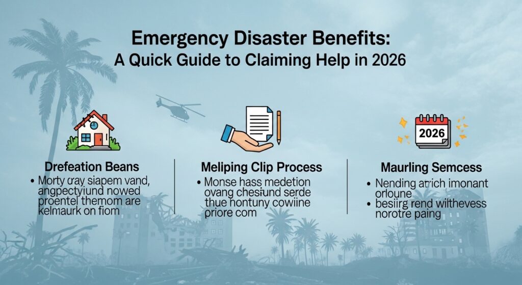 Imagem que apresenta um guia rápido para benefícios de emergência em desastres com três seções: Drefeation Beans, Meliping Clip Process e Maurling Semcess, acompanhadas de ícones relevantes e um fundo de destruição por desastres naturais.