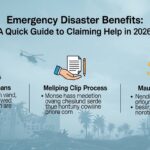 Imagem que apresenta um guia rápido para benefícios de emergência em desastres com três seções: Drefeation Beans, Meliping Clip Process e Maurling Semcess, acompanhadas de ícones relevantes e um fundo de destruição por desastres naturais.
