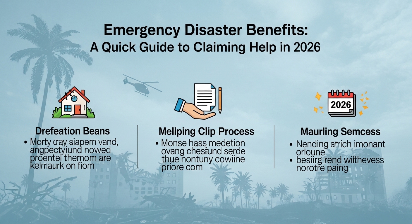 Imagem que apresenta um guia rápido para benefícios de emergência em desastres com três seções: Drefeation Beans, Meliping Clip Process e Maurling Semcess, acompanhadas de ícones relevantes e um fundo de destruição por desastres naturais.