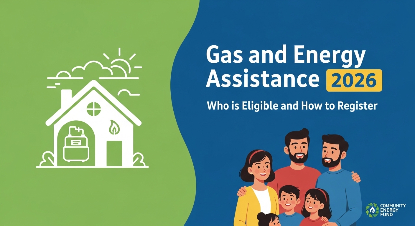 Ilustração de uma casa com um medidor de gás e uma chama, situado à esquerda, e uma família sorridente à direita. O texto destaca 'Assistência de Gás e Energia 2026' com informações sobre elegibilidade e cadastro.