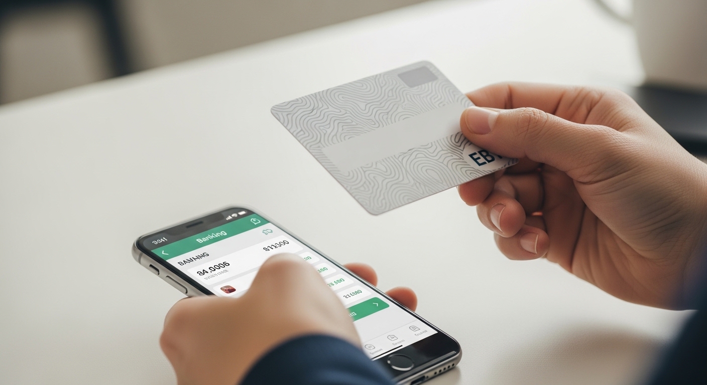 Uma pessoa segurando um cartão branco com detalhes em relevo e um smartphone exibindo informações de banco.