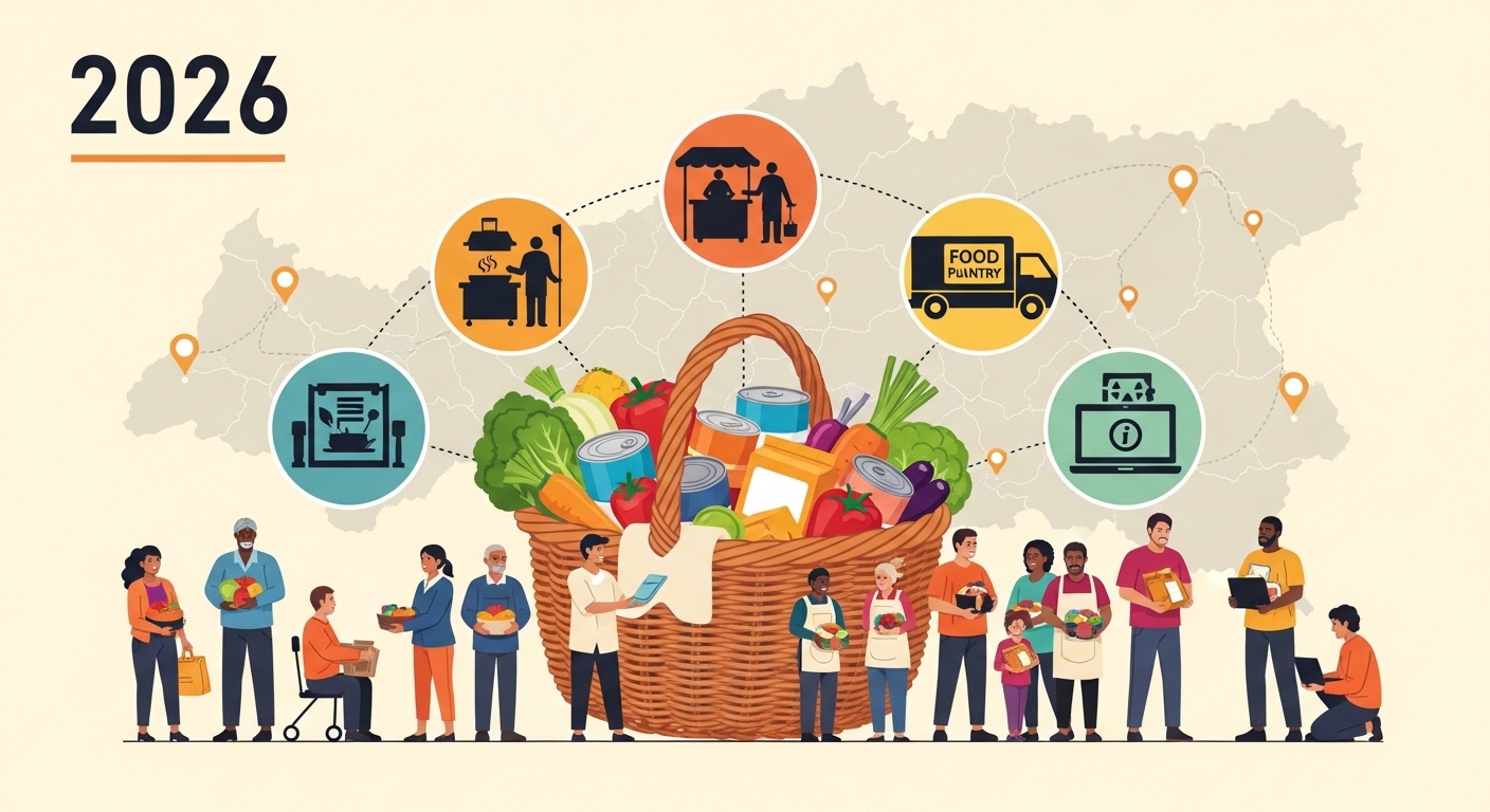 Ilustração mostrando um cesto de alimentos cheio, rodeado de ícones representando programas de segurança alimentar e uma comunidade diversificada de pessoas recebendo alimentos.
