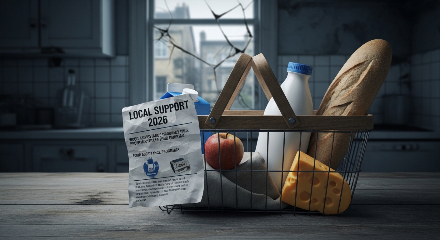Cesta de compras com alimentos básicos como pão, leite, queijo e uma maçã, acompanhada de um papel com informações sobre suporte local em 2026.
