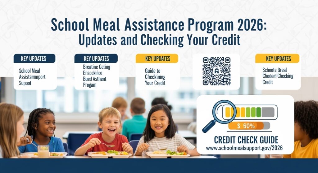 Imagem do programa Bolsa Alimentação Escolar 2026, mostrando crianças sorrindo em uma refeição escolar com informações sobre atualizações e verificação de crédito.