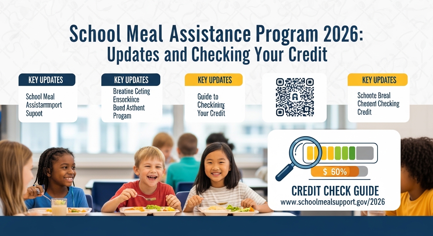 Imagem do programa Bolsa Alimentação Escolar 2026, mostrando crianças sorrindo em uma refeição escolar com informações sobre atualizações e verificação de crédito.