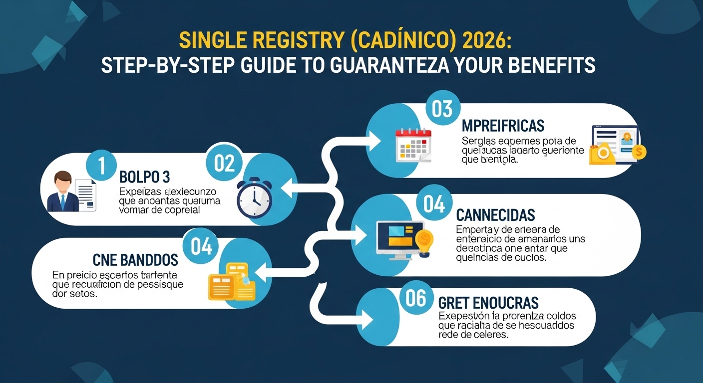 Infográfico sobre o Cadastro Único (CadÚnico) em 2026, com um guia passo a passo para garantir benefícios, destacando os passos numerados e ícones ilustrativos.