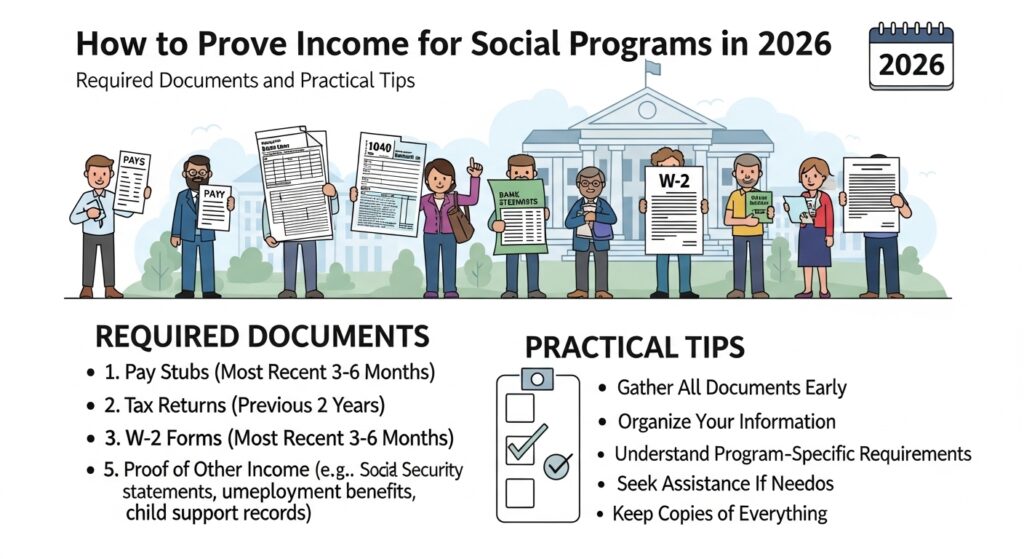 Ilustração informativa sobre como comprovar renda para programas sociais em 2026, mostrando pessoas segurando documentos como contracheques, formulários de imposto de renda, e dicas práticas.