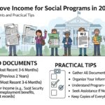 Ilustração informativa sobre como comprovar renda para programas sociais em 2026, mostrando pessoas segurando documentos como contracheques, formulários de imposto de renda, e dicas práticas.