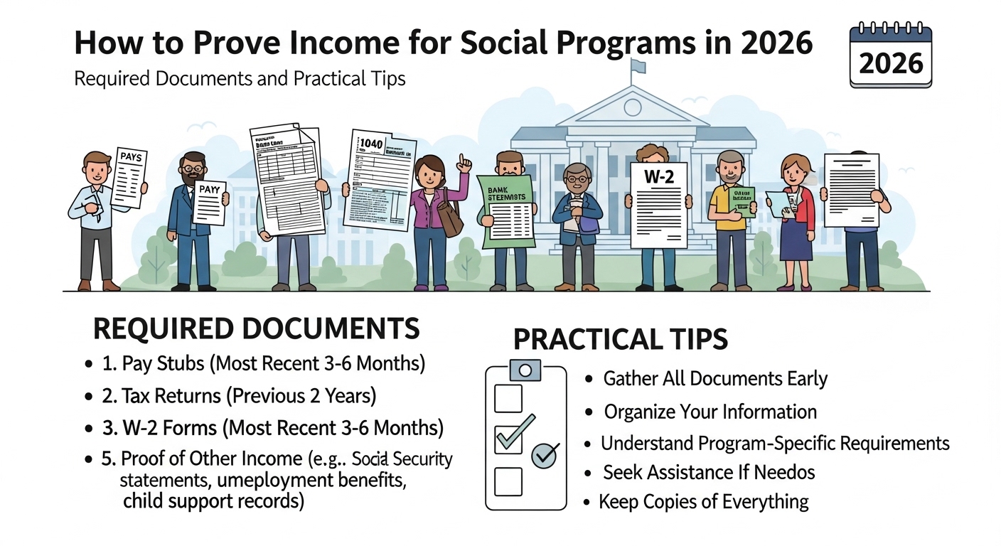 Ilustração informativa sobre como comprovar renda para programas sociais em 2026, mostrando pessoas segurando documentos como contracheques, formulários de imposto de renda, e dicas práticas.